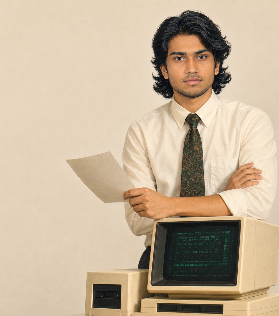 Muhammed Nisham — Creative Developer and Brand Designer, Kerala, with vintage IBM terminal
